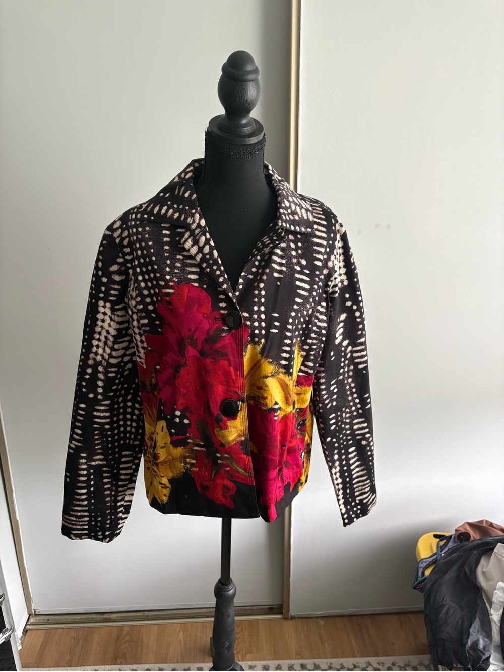 Chico's Black Blazer with Red & Yellow Floral Accent